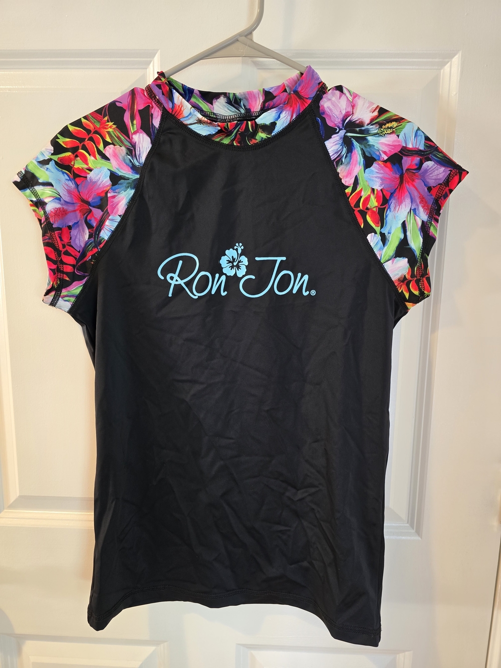 Ron Jon Black Swim Top with Neon Floral Sleeves